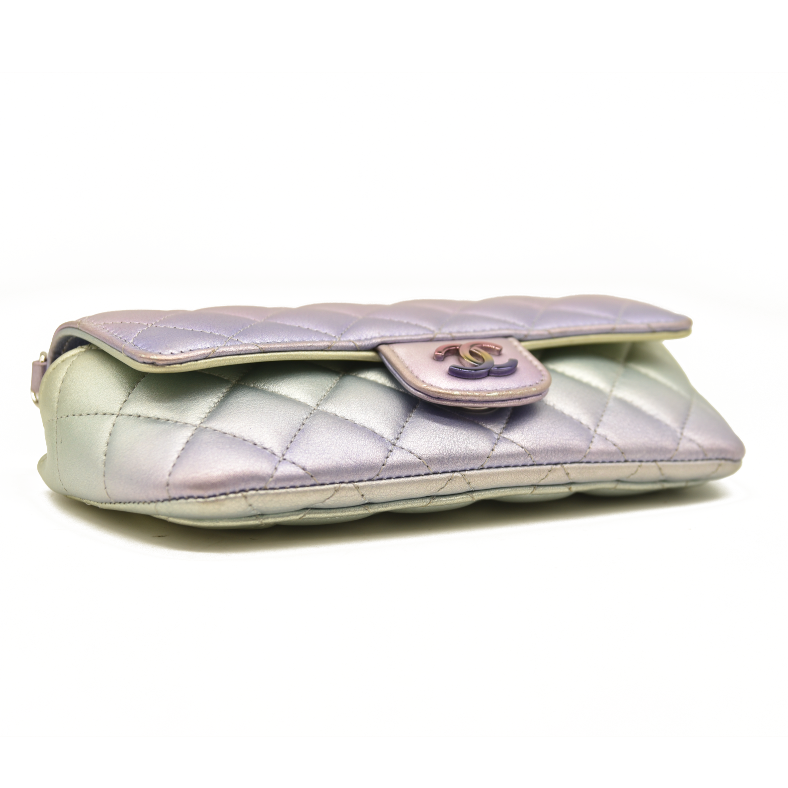 Chanel  Gradient Metallic Calfskin Quilted Glasses Case With Chain Silver Blue Yellow Purple