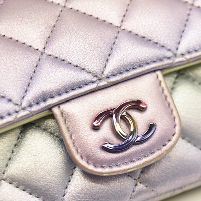 Chanel  Gradient Metallic Calfskin Quilted Glasses Case With Chain Silver Blue Yellow Purple