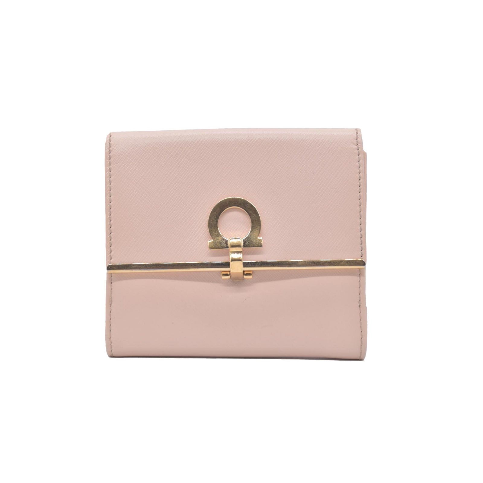 $565 SALVATORE FERRAGAMO Saffiano Gancini Bar Compact Wallet Light Pink CONSIGNMENT
