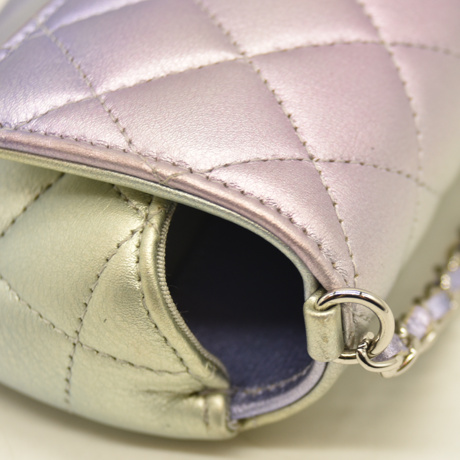 Chanel  Gradient Metallic Calfskin Quilted Glasses Case With Chain Silver Blue Yellow Purple