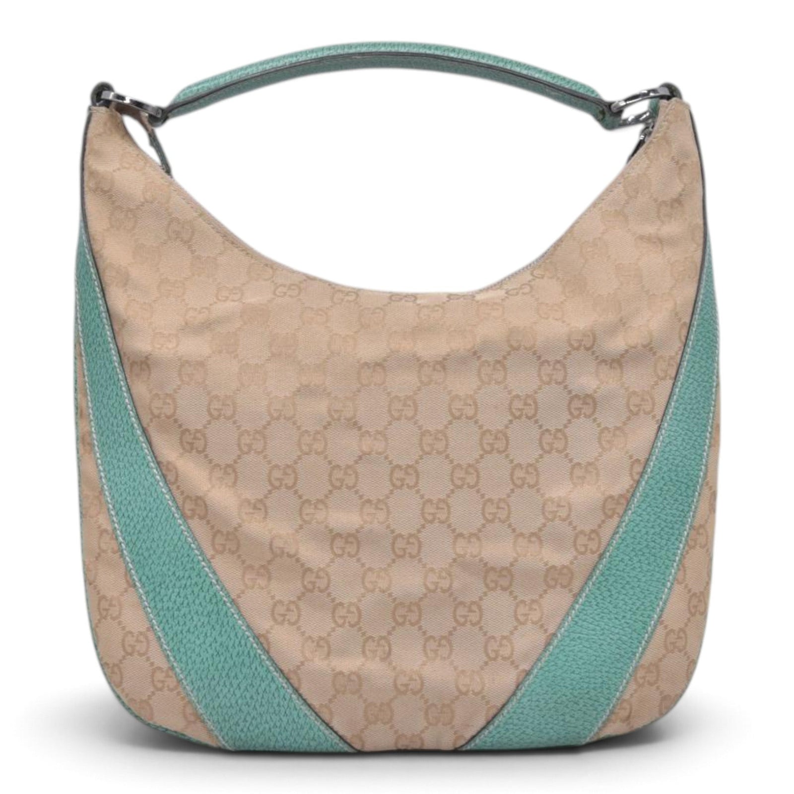 $890 GUCCI GG Canvas Seafoam Green Leather Curved Hobo Shoulder Bag Beige CONSIGNMENT 10021457