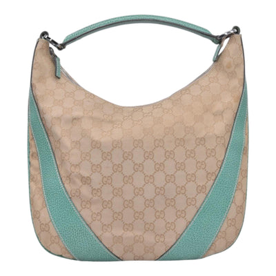 $890 GUCCI GG Canvas Seafoam Green Leather Curved Hobo Shoulder Bag Beige CONSIGNMENT 10021457