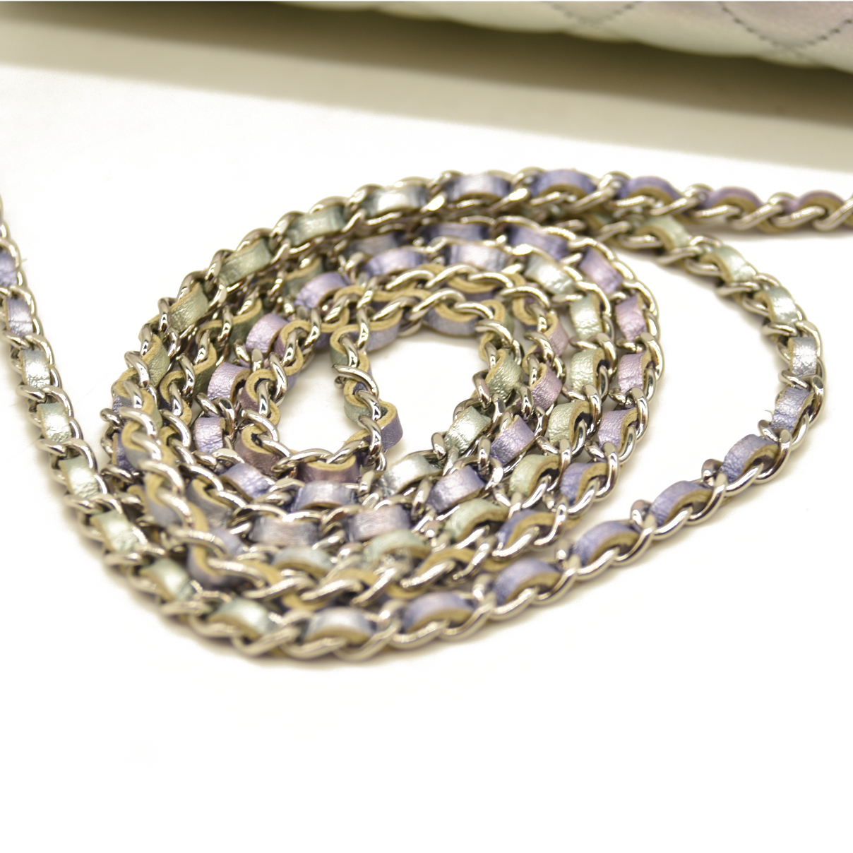 Chanel  Gradient Metallic Calfskin Quilted Glasses Case With Chain Silver Blue Yellow Purple