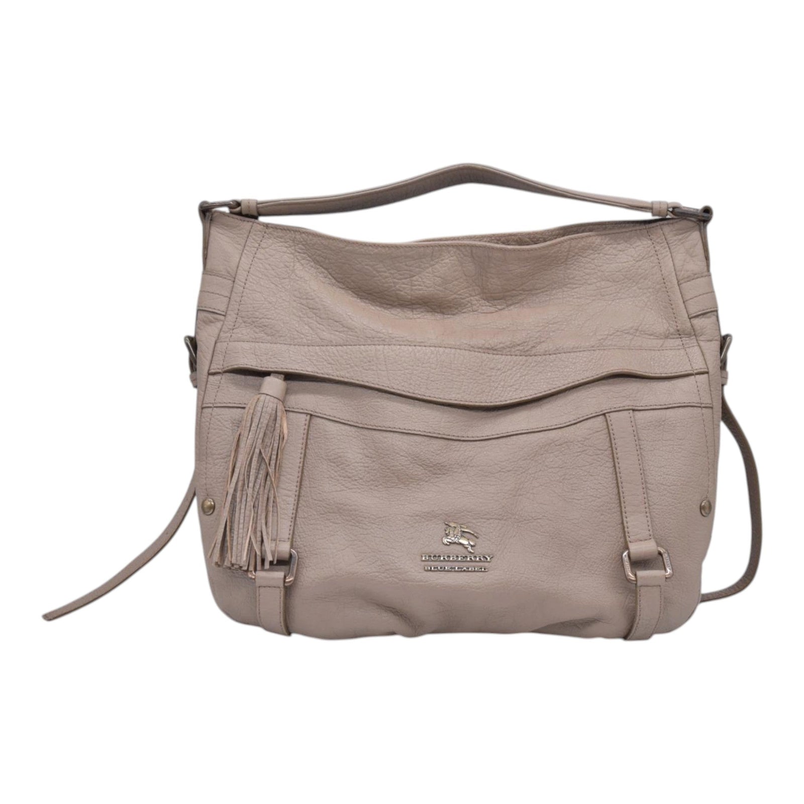 $680 BURBERRY BLUE LABEL Pebbled Leather Tassel Hobo Shoulder Bag Taupe CONSIGNMENT 10021456