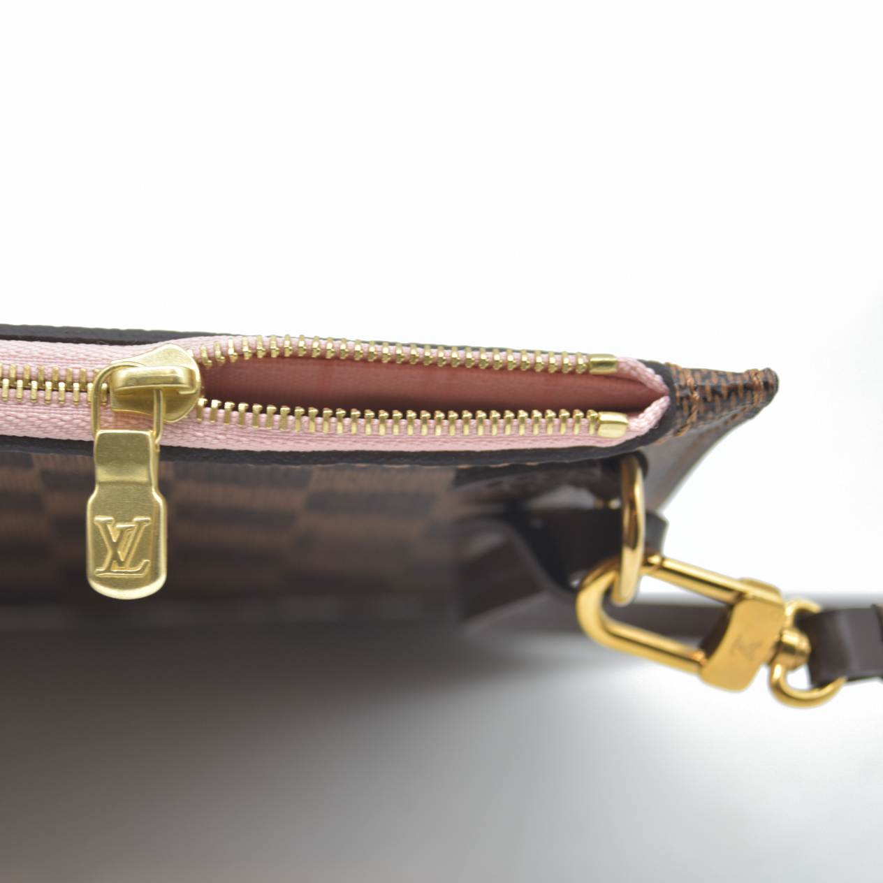 Louis Vuitton  Damier Ebene Neverfull MM Pochette Rose Ballerine Wristlet AR4186