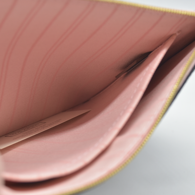 Louis Vuitton  Damier Ebene Neverfull MM Pochette Rose Ballerine Wristlet AR4186