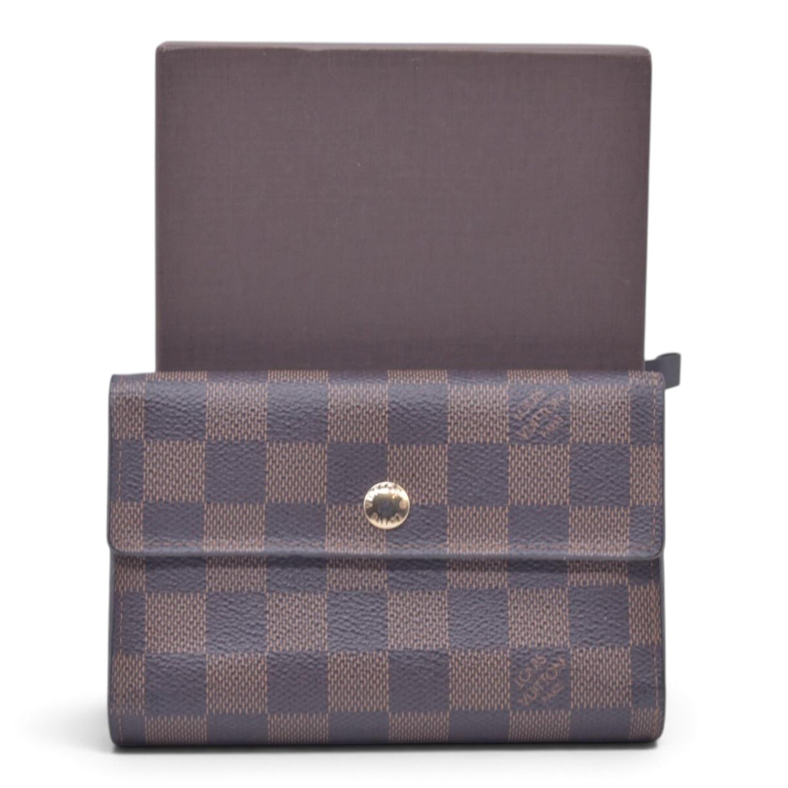$680 LOUIS VUITTON Damier Ebene Portefeuille Trevi Compact Wallet Brown CONSIGNMENT 10021510
