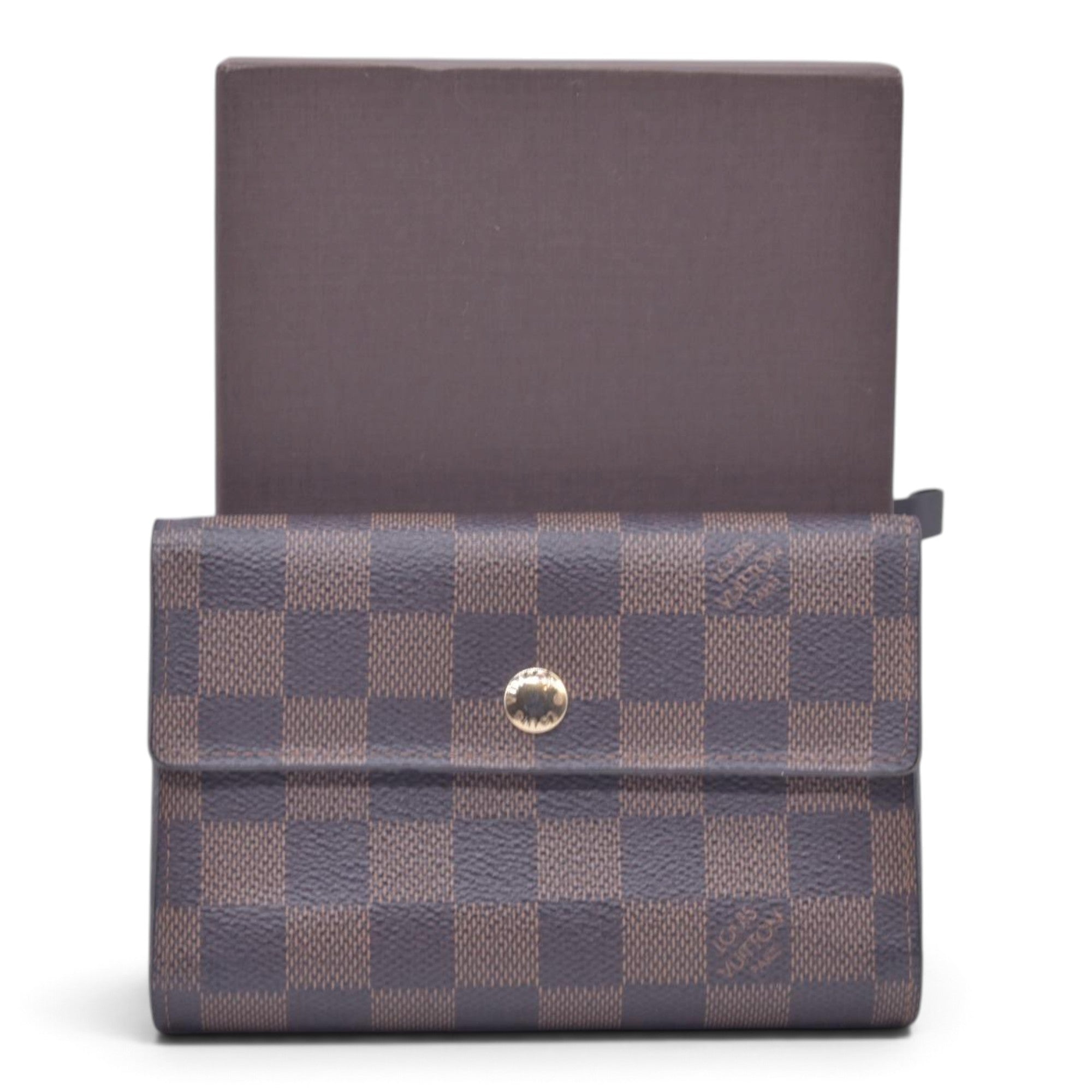 $680 LOUIS VUITTON Damier Ebene Portefeuille Trevi Compact Wallet Brown CONSIGNMENT 10021510