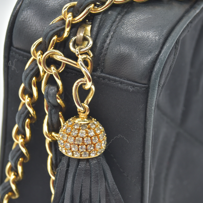 Chanel Chanel Vintage Black Quilted Satin CC Tassel Shoulder Bag