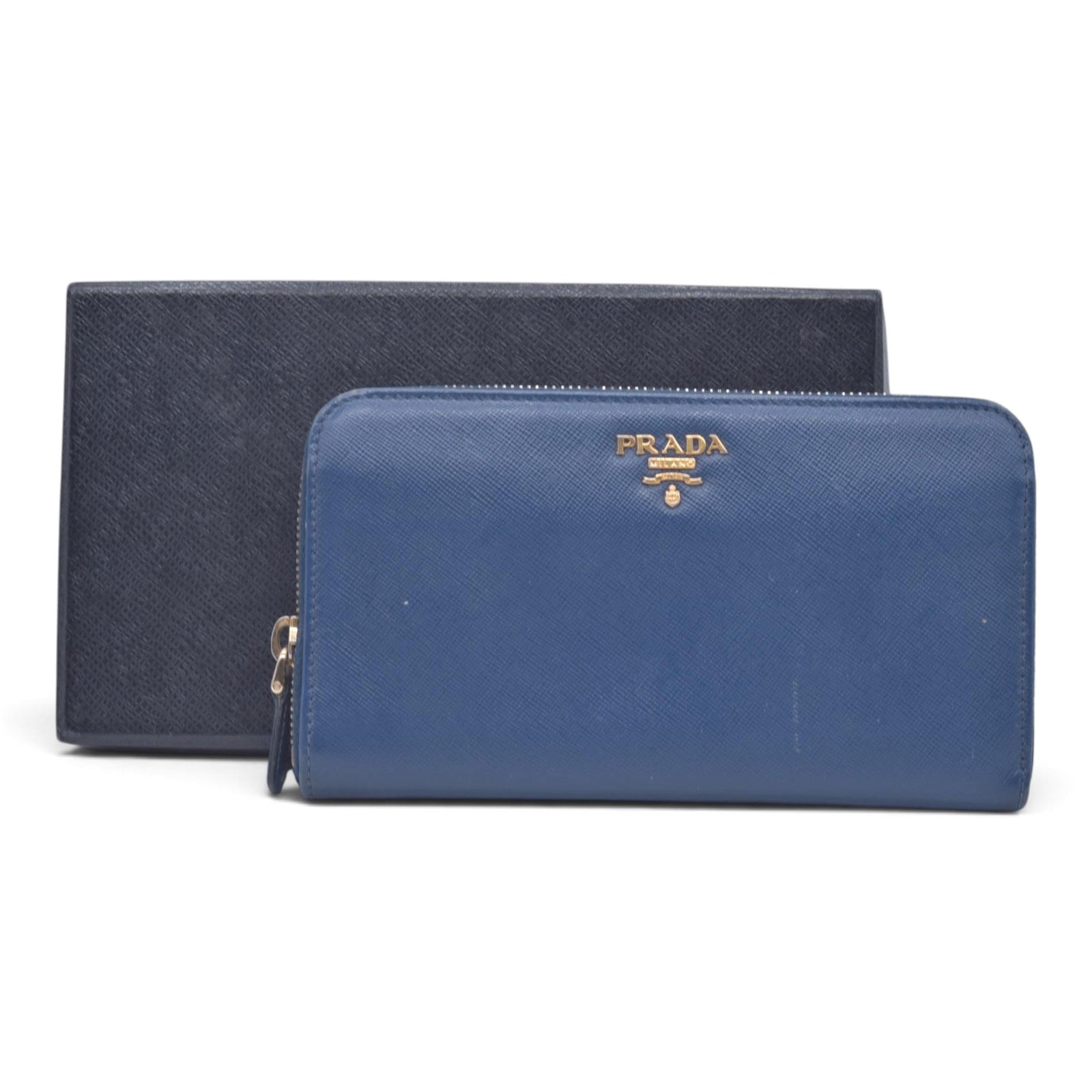 $790 PRADA Saffiano Metal Logo Zip Around Long Wallet Blue CONSIGNMENT 10021520