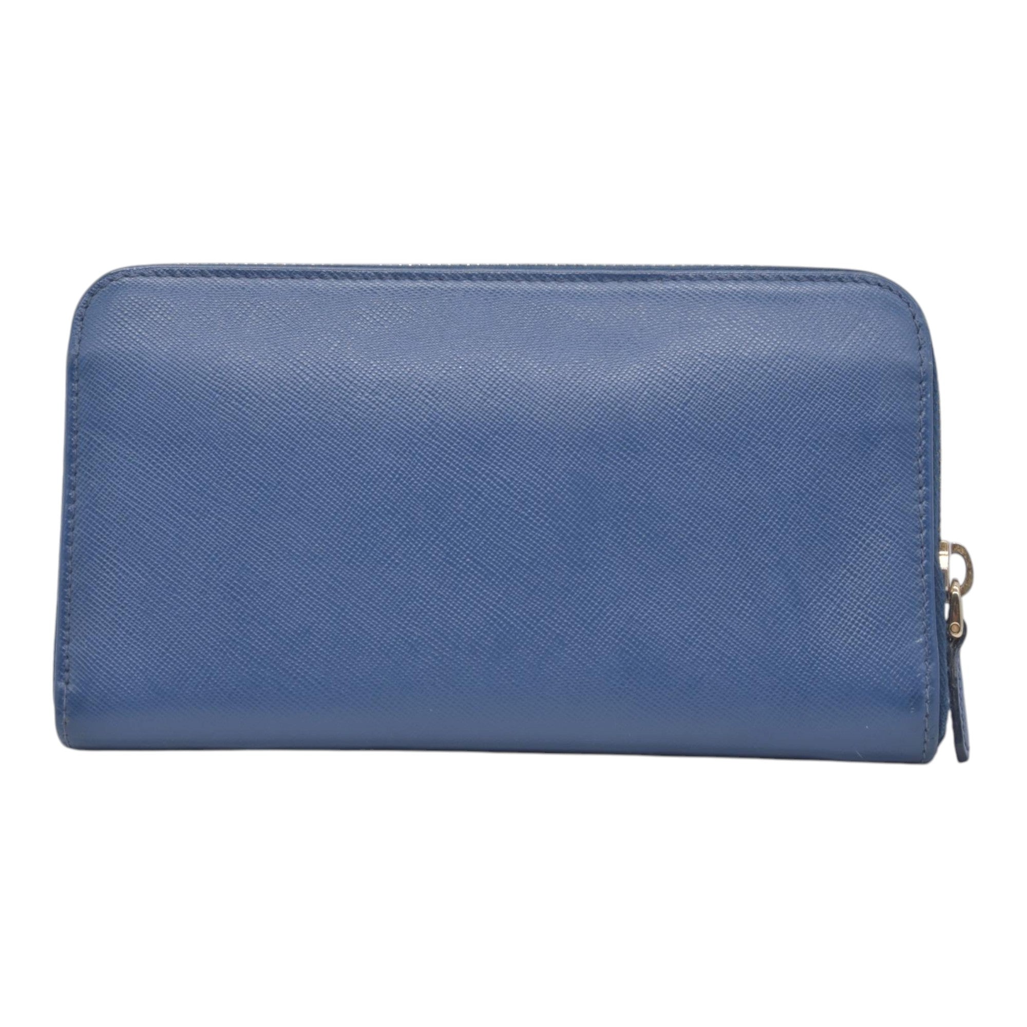 $790 PRADA Saffiano Metal Logo Zip Around Long Wallet Blue CONSIGNMENT 10021520