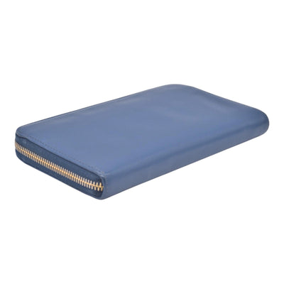$790 PRADA Saffiano Metal Logo Zip Around Long Wallet Blue CONSIGNMENT 10021520