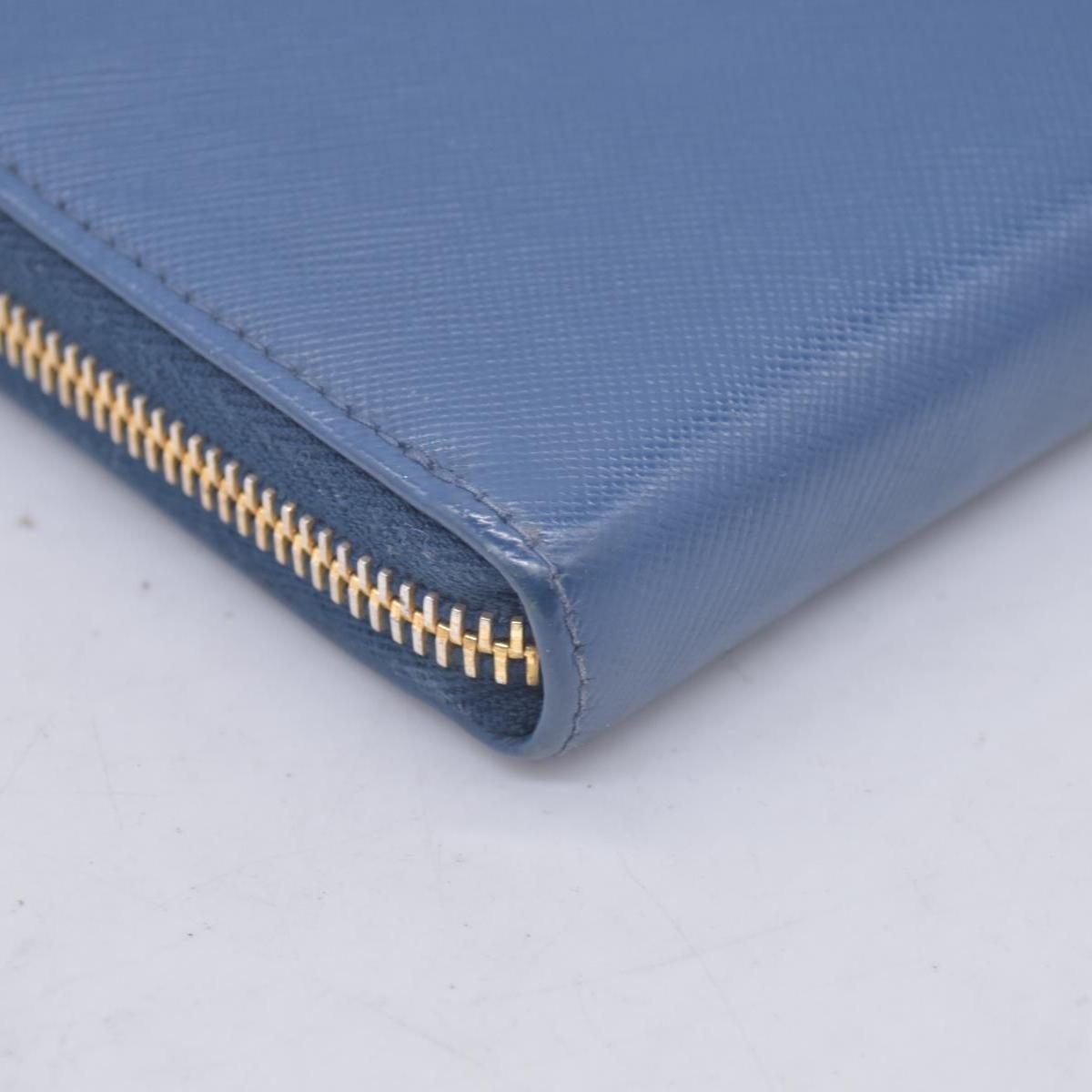 $790 PRADA Saffiano Metal Logo Zip Around Long Wallet Blue CONSIGNMENT 10021520