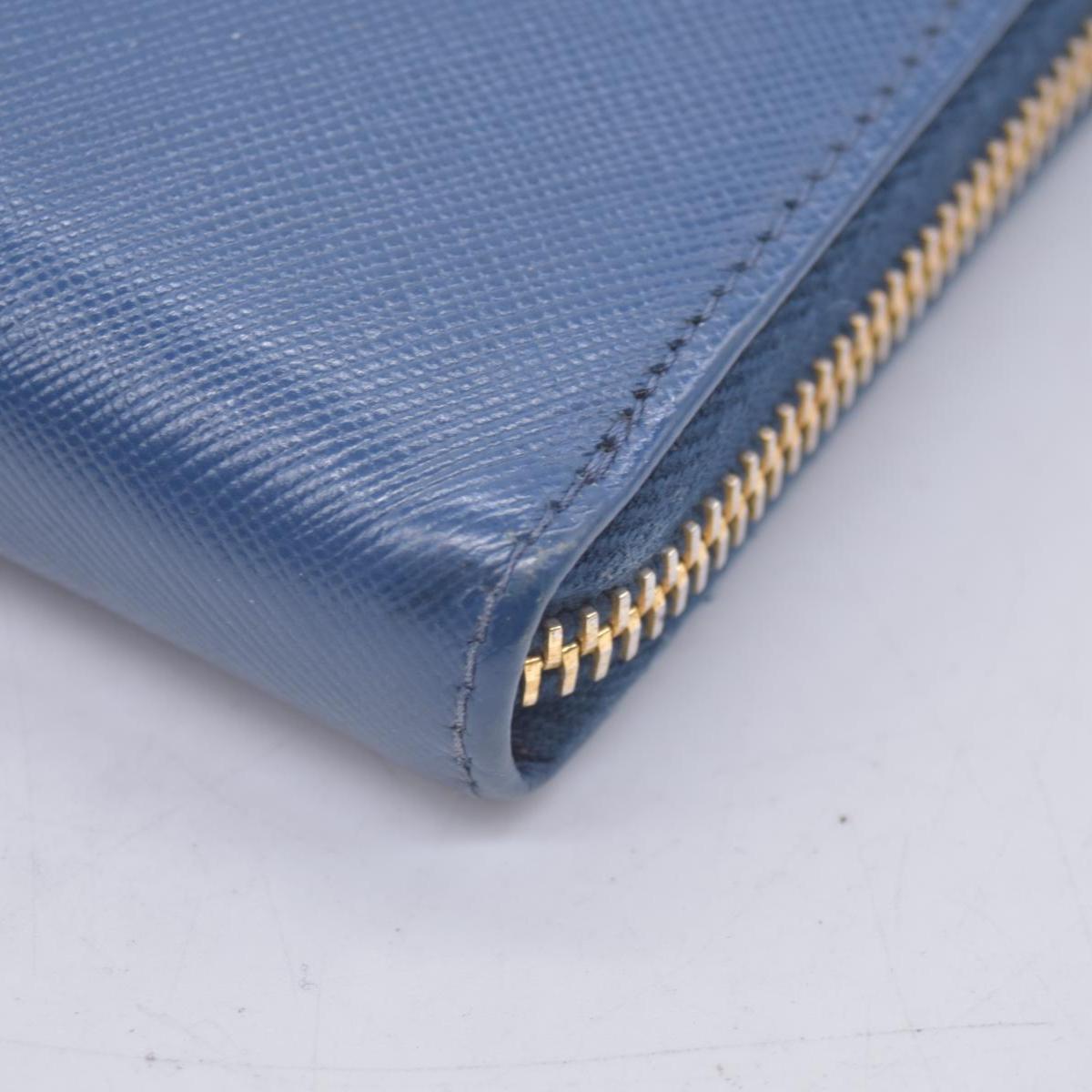 $790 PRADA Saffiano Metal Logo Zip Around Long Wallet Blue CONSIGNMENT 10021520