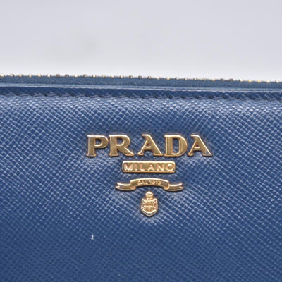 $790 PRADA Saffiano Metal Logo Zip Around Long Wallet Blue CONSIGNMENT 10021520