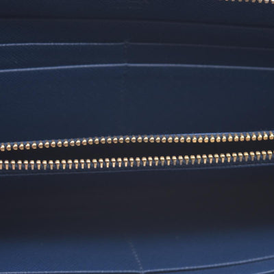 $790 PRADA Saffiano Metal Logo Zip Around Long Wallet Blue CONSIGNMENT 10021520