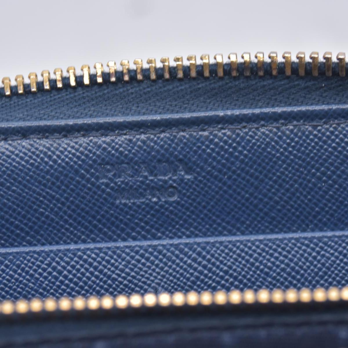 $790 PRADA Saffiano Metal Logo Zip Around Long Wallet Blue CONSIGNMENT 10021520