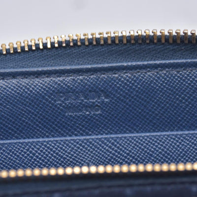 $790 PRADA Saffiano Metal Logo Zip Around Long Wallet Blue CONSIGNMENT 10021520