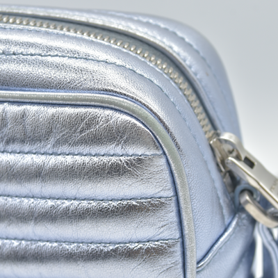 $1690 Prada Soft Calfskin Diagramme Camera Bag Metallic Silver