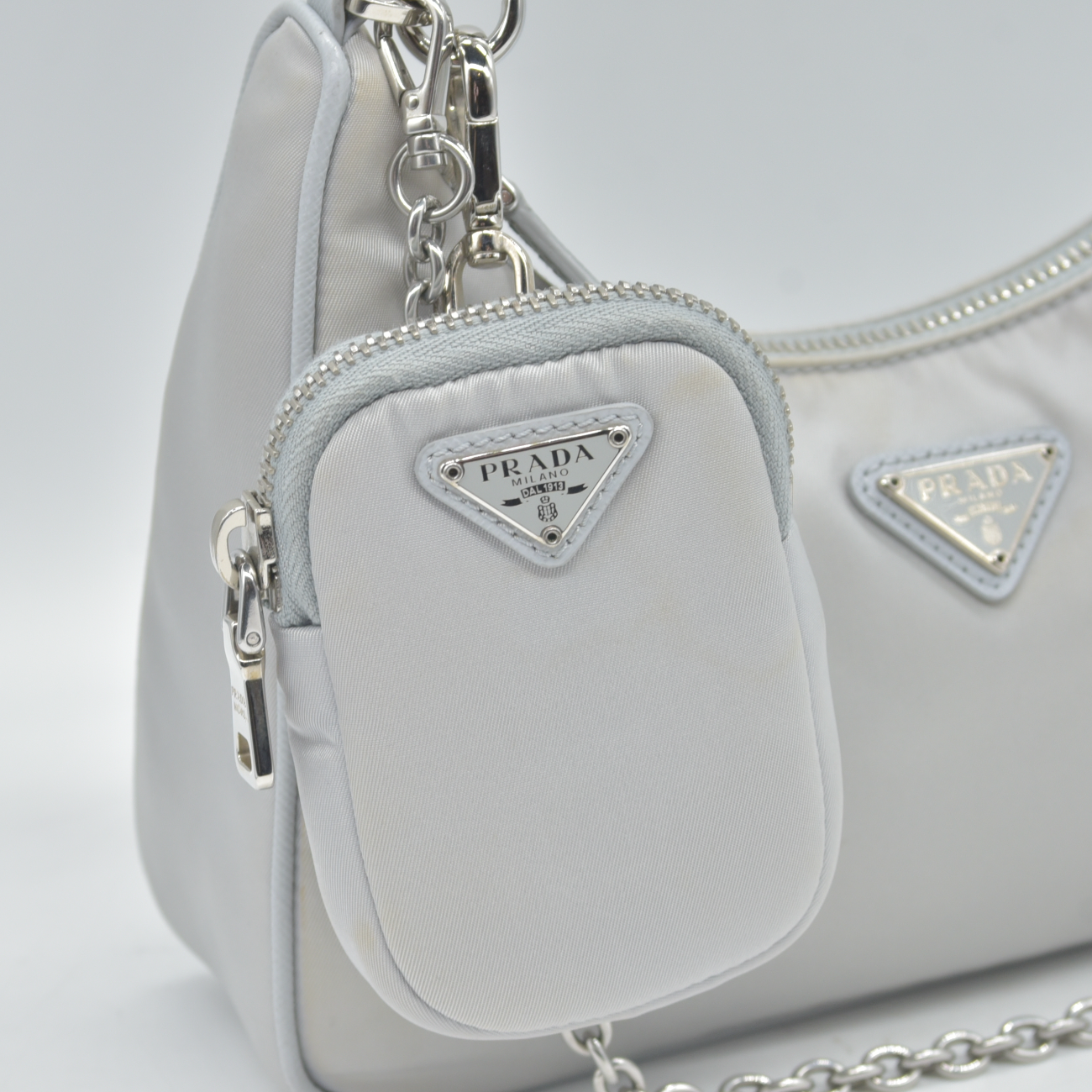 $2250 Prada Nylon Re-Edition 2005 Shoulder Bag Silver