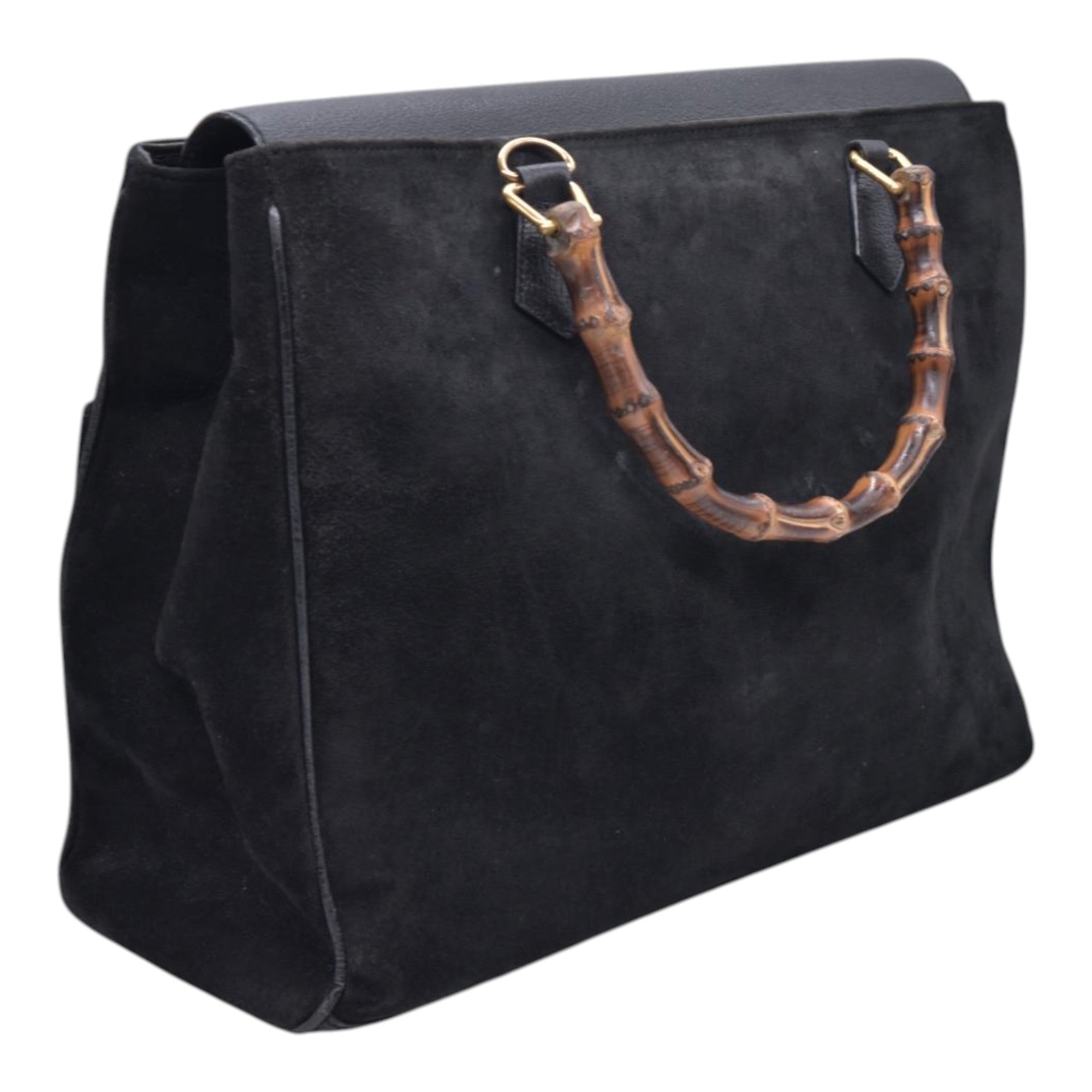 $1850 GUCCI Vintage Black Suede Leather Bamboo Top Handle Bag CONSIGNMENT 10021506