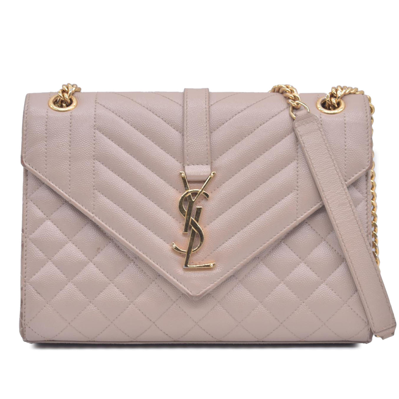 $3300 Saint Laurent Grain De Poudre Textured Mixed Matelasse Medium Triquilt Monogram Satchel Beige