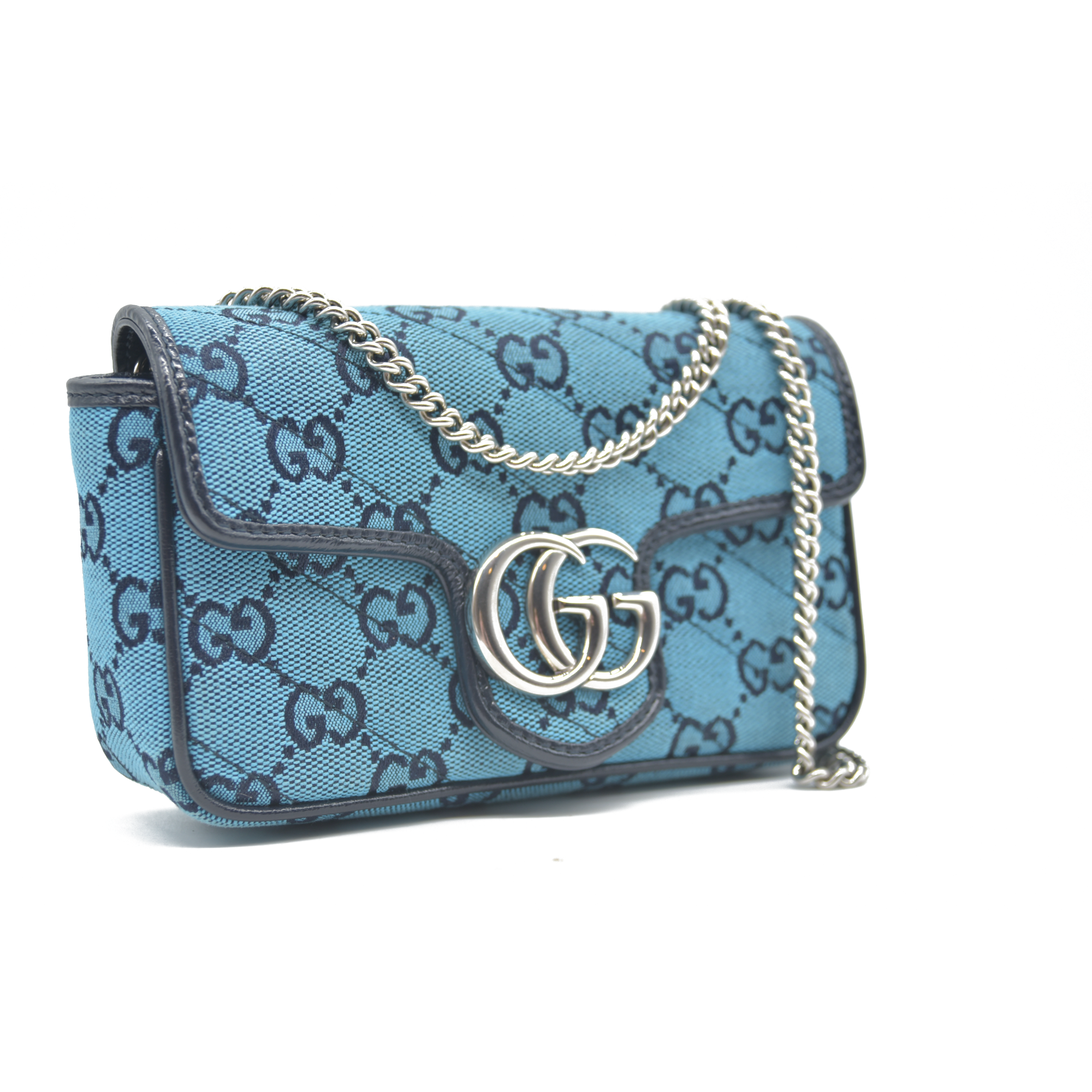 Gucci  Monogram Multicolor Matelasse Diagonal Super Mini GG Marmont Shoulder Bag Light Blue