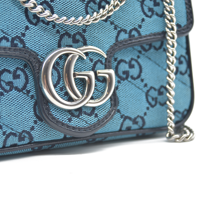 Gucci  Monogram Multicolor Matelasse Diagonal Super Mini GG Marmont Shoulder Bag Light Blue