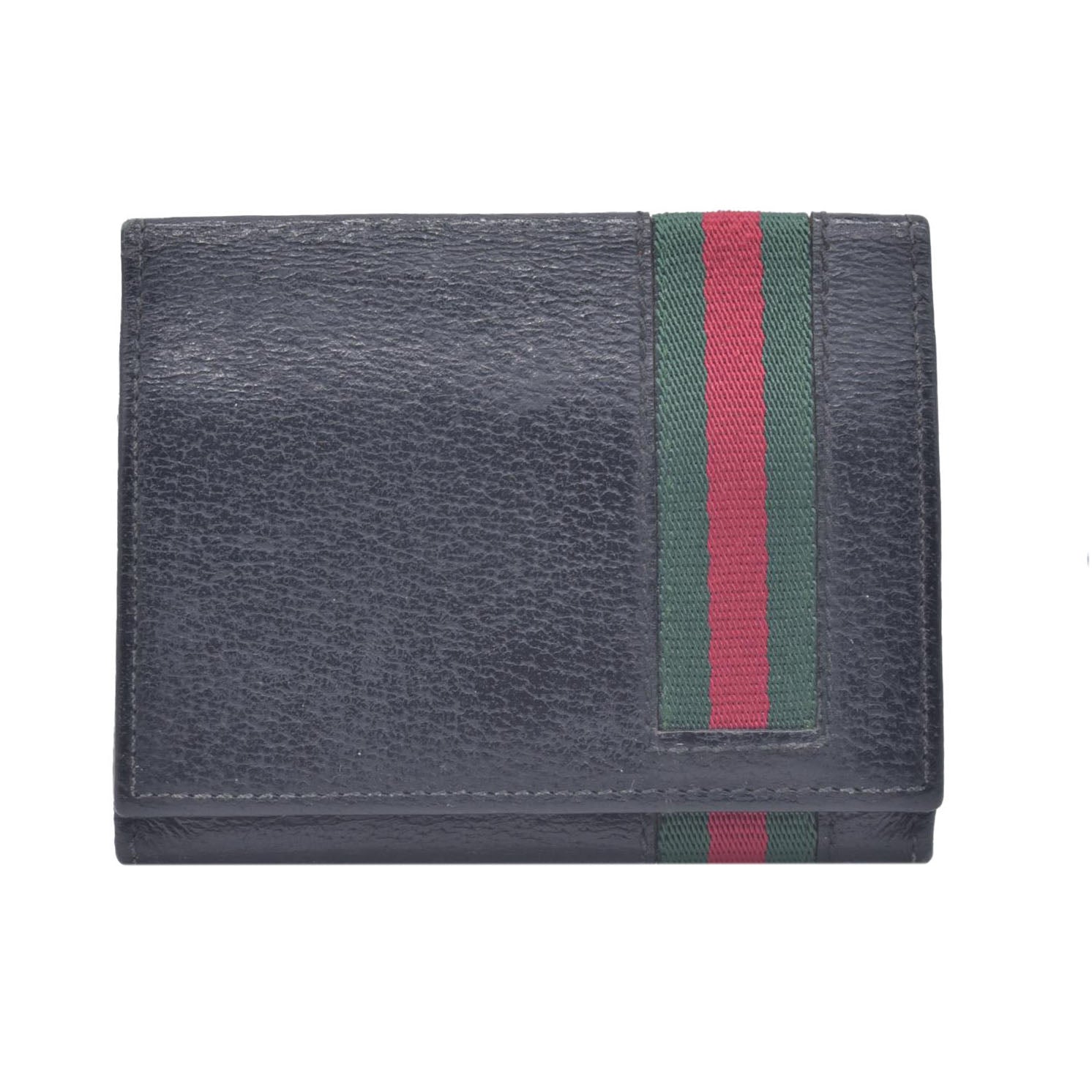 $490 Gucci Textured Calfskin Web Trifold Wallet Black CONSIGNMENT