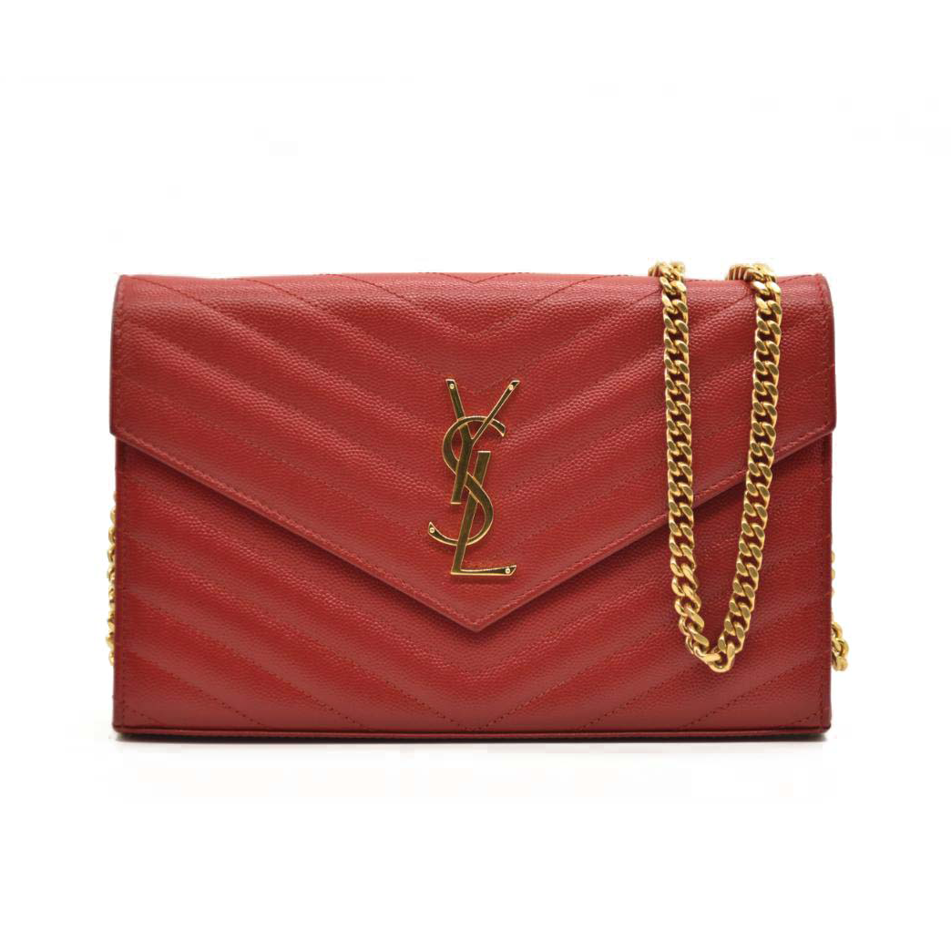 Saint Laurent Grain De Poudre Matelasse Chevron Monogram Chain Wallet Red