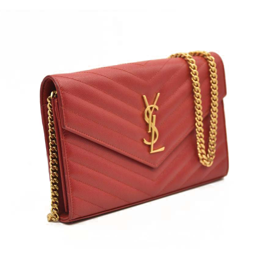 Saint Laurent Grain De Poudre Matelasse Chevron Monogram Chain Wallet Red