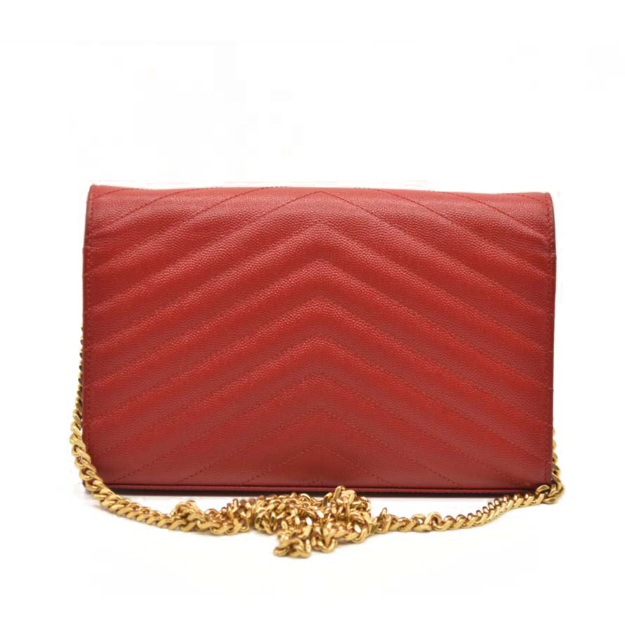Saint Laurent Grain De Poudre Matelasse Chevron Monogram Chain Wallet Red