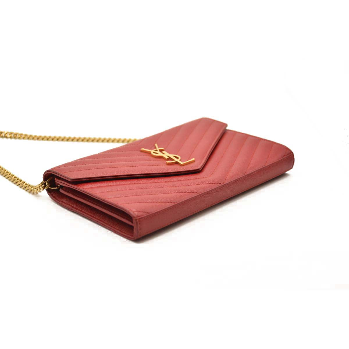 Saint Laurent Grain De Poudre Matelasse Chevron Monogram Chain Wallet Red