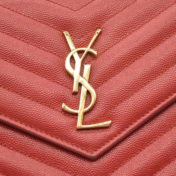 Saint Laurent Grain De Poudre Matelasse Chevron Monogram Chain Wallet Red