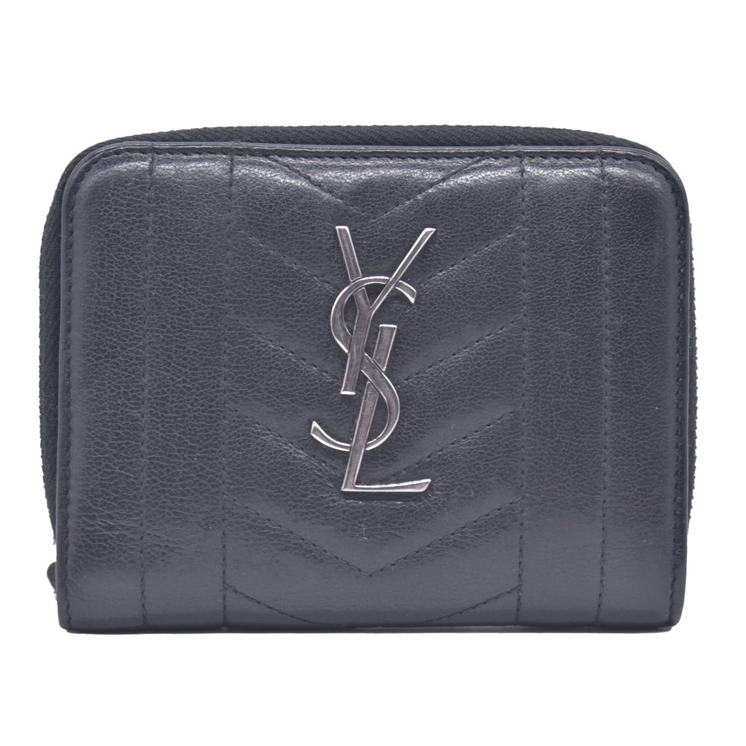 Saint Laurent Calfskin Matelasse Monogram Compact Zip Around Wallet Dark Grey CONSIGNMENT