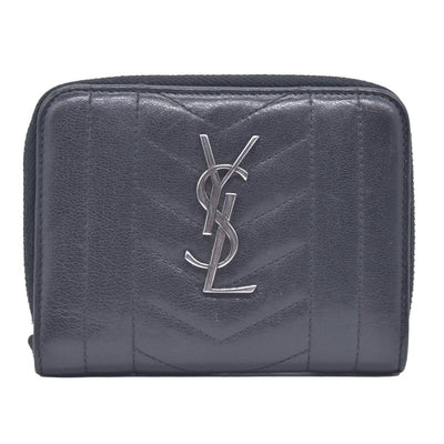 Saint Laurent Calfskin Matelasse Monogram Compact Zip Around Wallet Dark Grey CONSIGNMENT