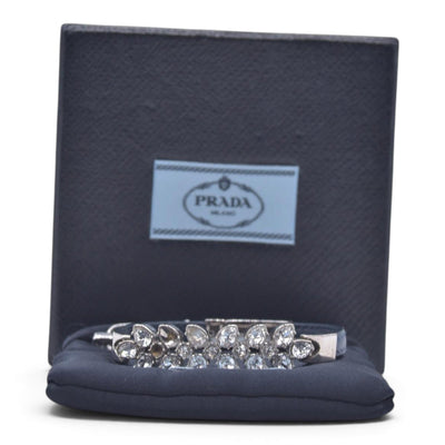 $550 PRADA Saffiano Leather Crystal Embellished Bangle Bracelet Blue Silver CONSIGNMENT 10021584