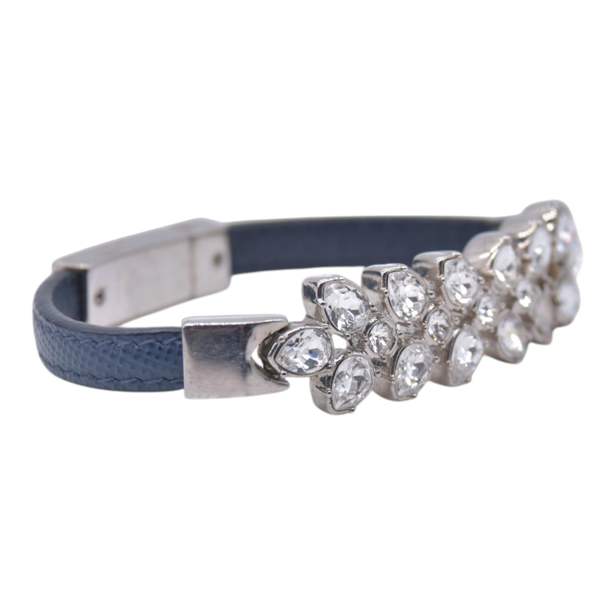 $550 PRADA Saffiano Leather Crystal Embellished Bangle Bracelet Blue Silver CONSIGNMENT 10021584