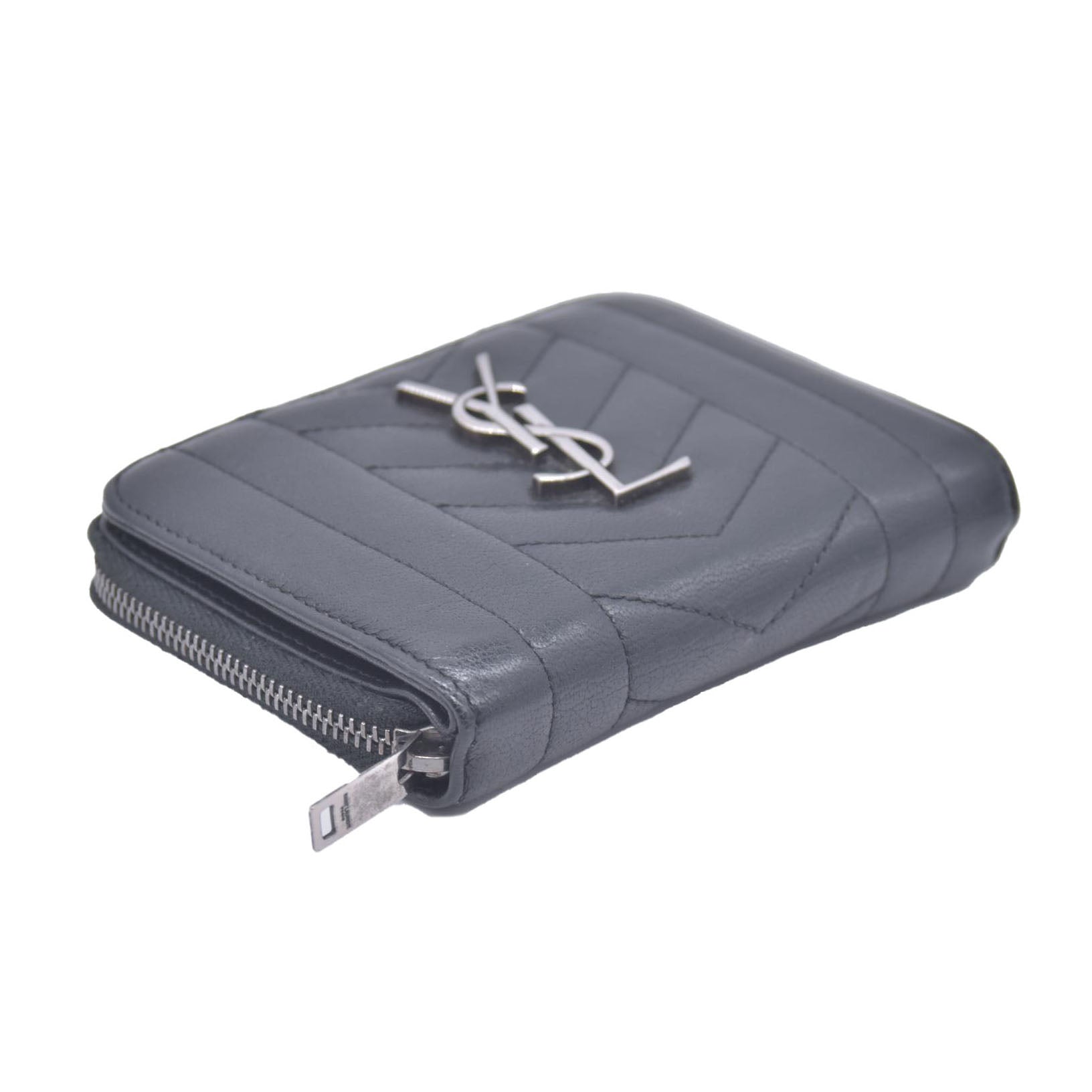 Saint Laurent Calfskin Matelasse Monogram Compact Zip Around Wallet Dark Grey CONSIGNMENT