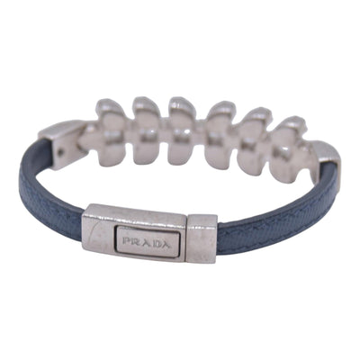 $550 PRADA Saffiano Leather Crystal Embellished Bangle Bracelet Blue Silver CONSIGNMENT 10021584