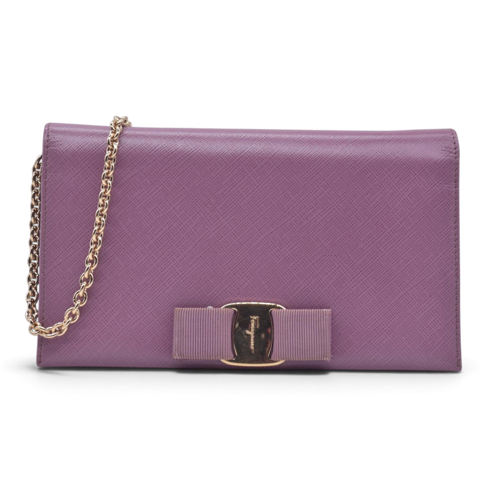 $650 SALVATORE FERRAGAMO Vara Bow Saffiano Leather Chain Flap Wallet Crossbody Pink CONSIGNMENT 10021563