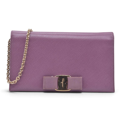 $650 SALVATORE FERRAGAMO Vara Bow Saffiano Leather Chain Flap Wallet Crossbody Pink CONSIGNMENT 10021563