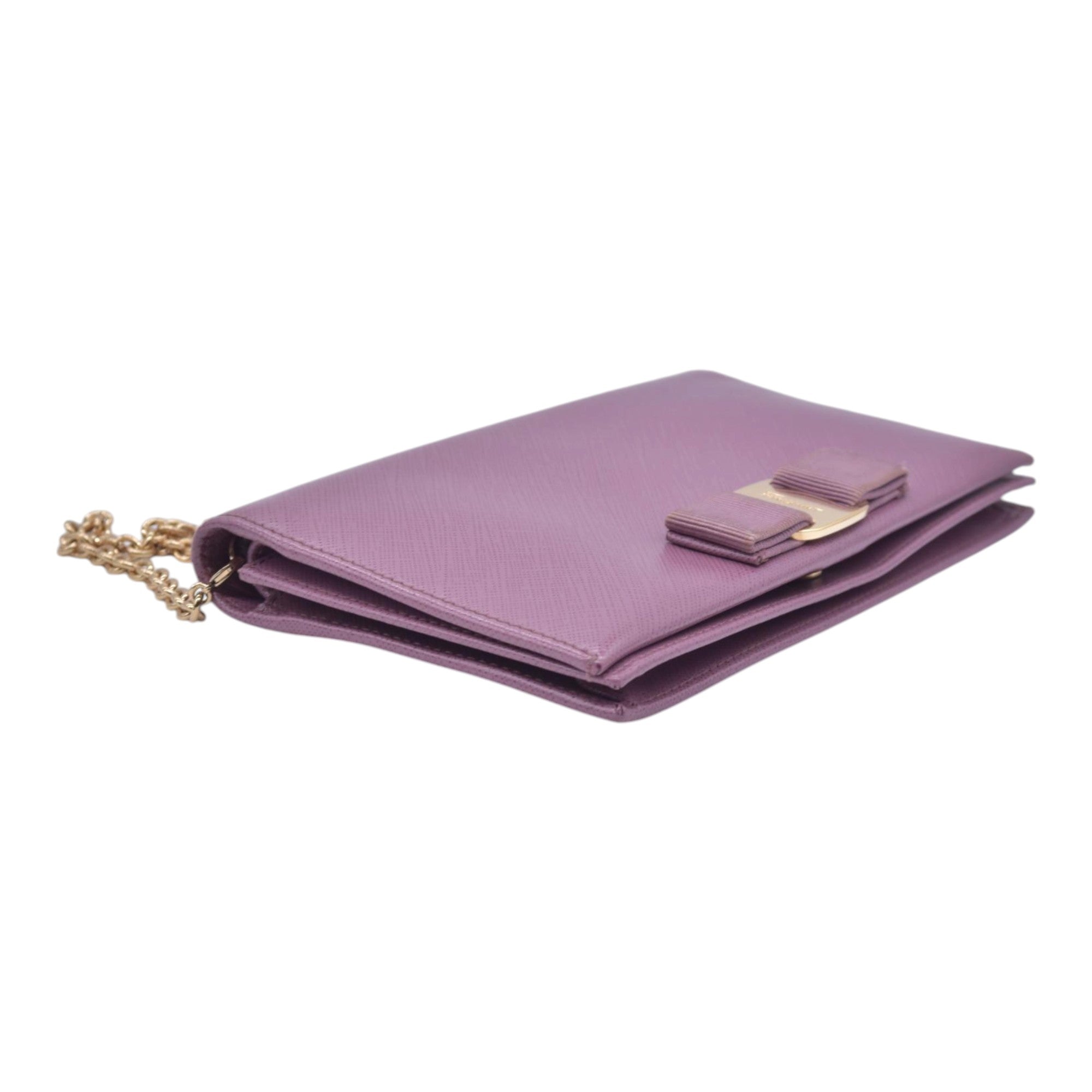$650 SALVATORE FERRAGAMO Vara Bow Saffiano Leather Chain Flap Wallet Crossbody Pink CONSIGNMENT 10021563