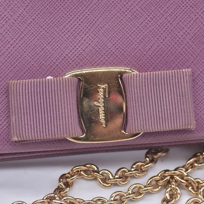 $650 SALVATORE FERRAGAMO Vara Bow Saffiano Leather Chain Flap Wallet Crossbody Pink CONSIGNMENT 10021563