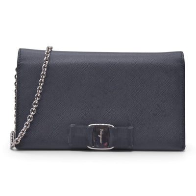 $650 SALVATORE FERRAGAMO Vara Bow Saffiano Leather Chain Flap Wallet Crossbody Black CONSIGNMENT 10021560