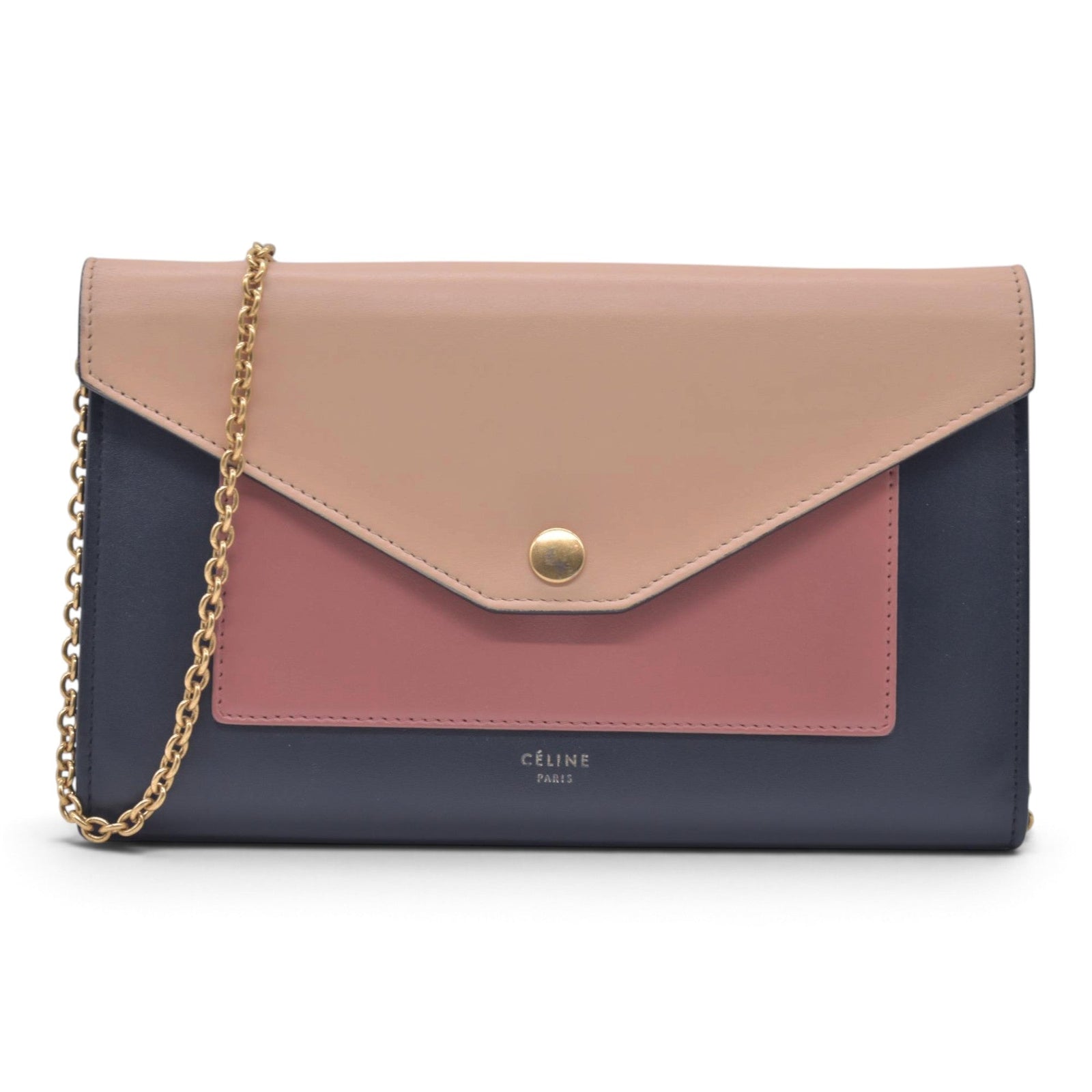 $1200 CELINE Smooth Calfskin Tri-Color Envelope Flap Wallet on Chain Navy Beige Pink CONSIGNMENT 10021559