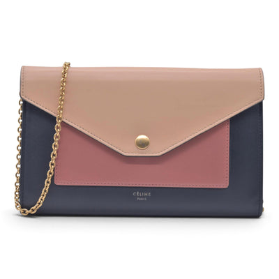 $1200 CELINE Smooth Calfskin Tri-Color Envelope Flap Wallet on Chain Navy Beige Pink CONSIGNMENT 10021559