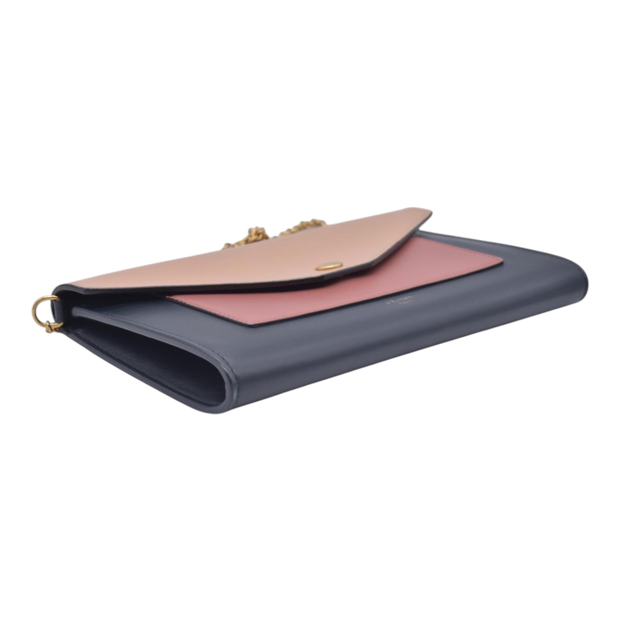$1200 CELINE Smooth Calfskin Tri-Color Envelope Flap Wallet on Chain Navy Beige Pink CONSIGNMENT 10021559