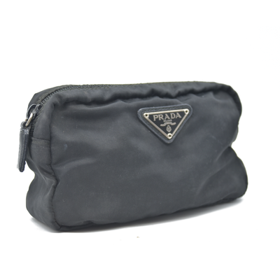PRADA Logo Plate Nylon Cosmetic Pouch Bag Black