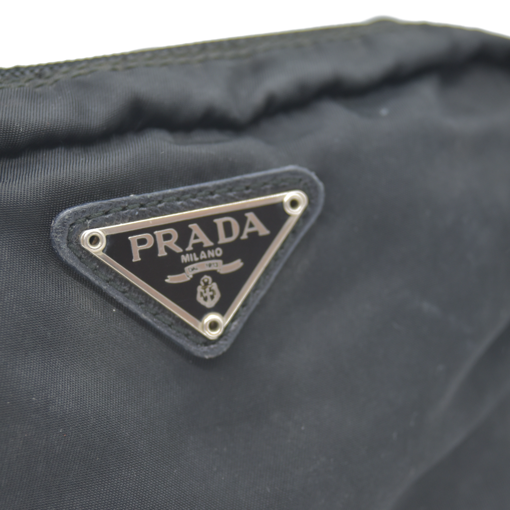 PRADA Logo Plate Nylon Cosmetic Pouch Bag Black